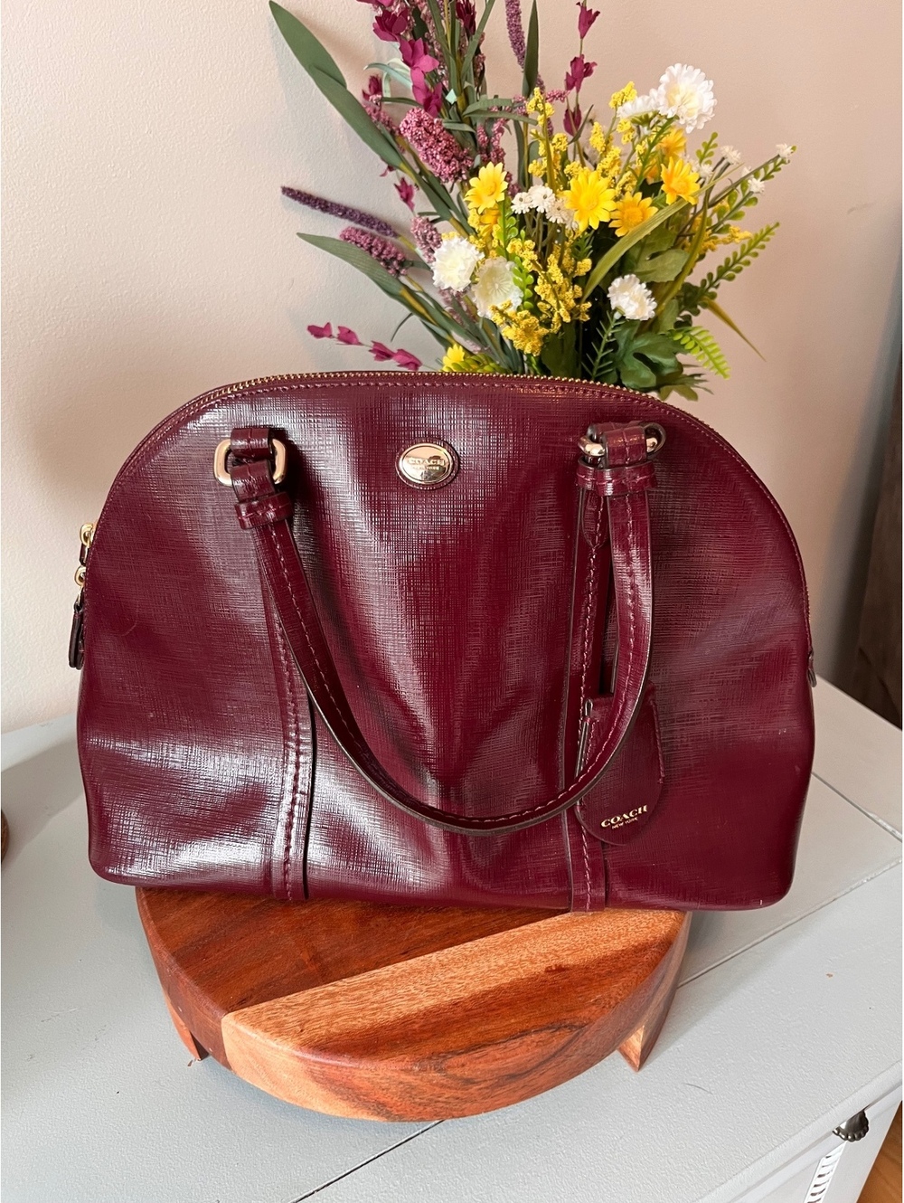 COACH Burgundy Saffiano Leather Peyton Cora Domed Satchel & Crossbody Bag F25671 - Picture 9 of 16